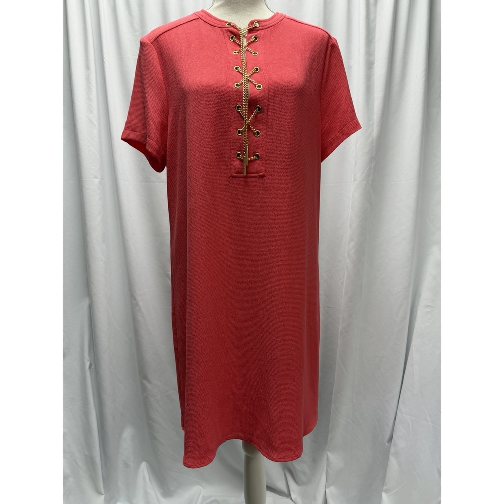 Michael Kors Dress Womens Size L Pink Shift Short Sleeve Chain Tie Neck